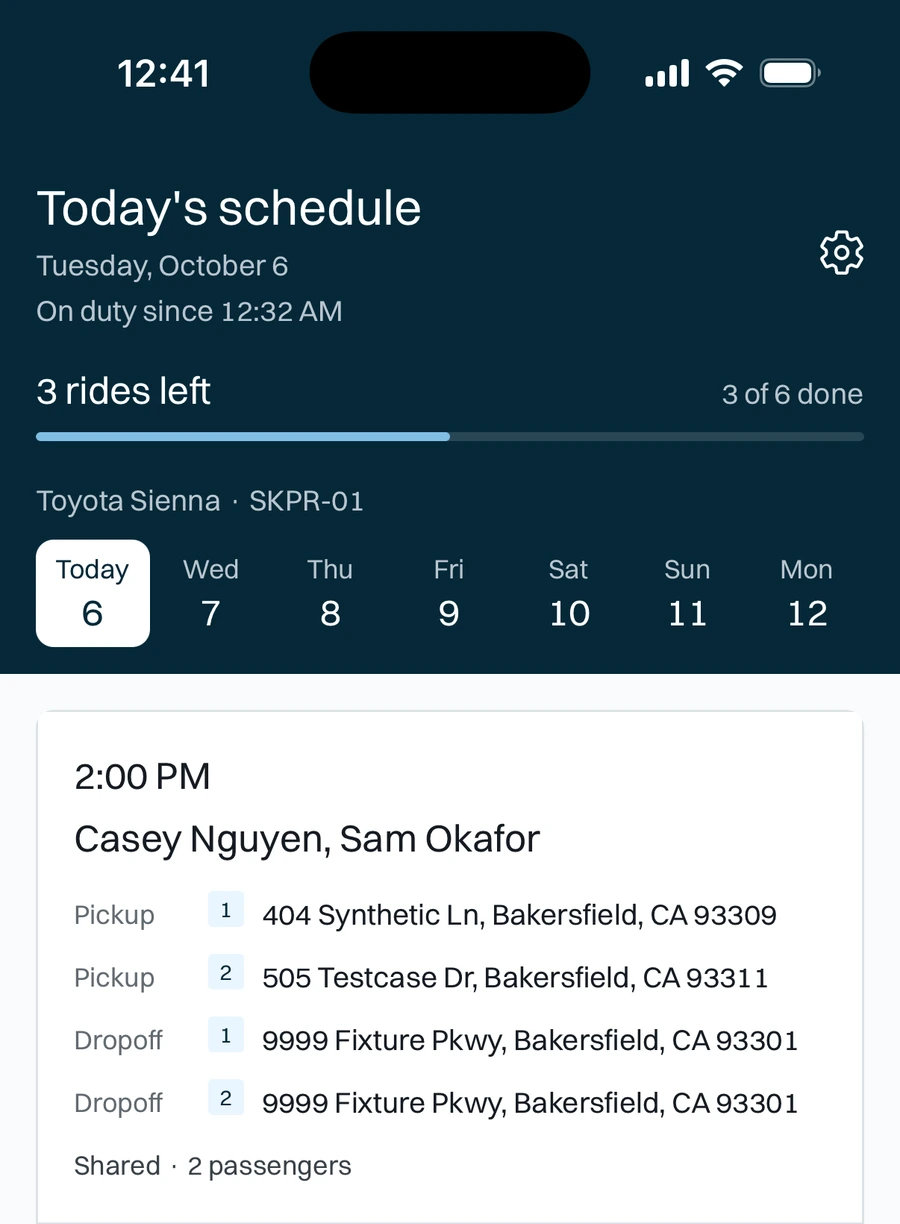 Skipper driver app showing today's schedule: three rides left, the next a shared 2:00 PM pickup