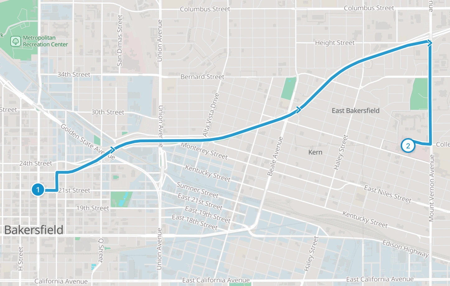 A driver's road-routed trip across Bakersfield between two numbered stops